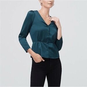 JCREW - Silky Green Peplum Long Sleeve V-Neck Button-up Blouse